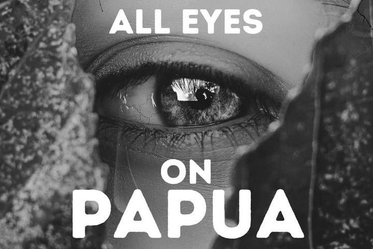 Image of an Eye peering through leaves, used as a campaigning poster on the human rights of indigenous peoples fighting land confiscation and environmental devastation in Papua