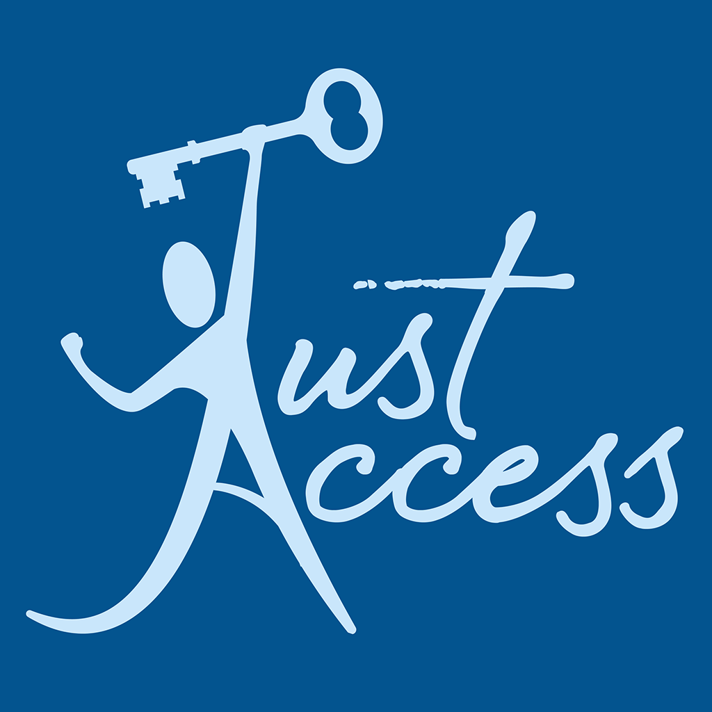 Just Access Logo. A human figure holds a key aloft triumphantly, symbolising human rights, access to justice, and the power of activism. The text reads 'Just Access'.